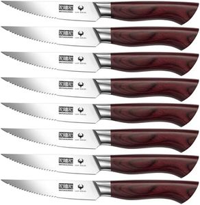 HOSHANHO Meat Knives Set 8 Pieces, Table Serrated Knives 11.2 cm, Professional Steak Knives High Carbon Stainless Steel Steak Knife with Ergonomic Wooden Handle