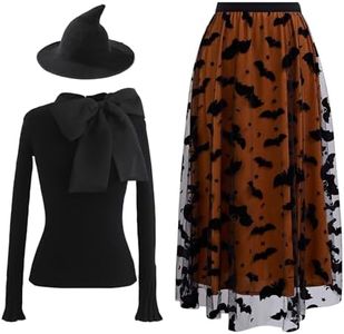 CHICWISH Women Pumpkin Tulle Skirt Velvet Bats Midi Skirt and Bow Tied Knit Top and Black Hat Halloween Costume, Size L-XL