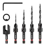 EZARC Countersink Drill Bit Set 7pcs, 4Pcs Tapered Countersink Drill Bits for Wood, Wood Counter Sink Bits,1 Wood Plug Cutter, 1 Stop Collar, 1 Hex Wrench, Counter Sinker Drill Bit Set for Woodworking