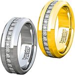 Tioneer Tungsten Carbide Wedding Band Ring for Men, Eternity Cubic Zirconia, Custom Text Personalized Engraving Option, (Silver, Gold), Size 8MM Ring Size 8-13 Silver