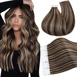 Ugeat Tape in Hair Extensions for Women Chocolate Brown Highlights Caramel Brown Remy Hair Extensions Tape in Skin Weft Hair Extensions 20inch 20Pcs 50G