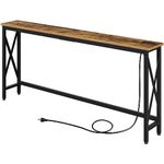 Rolanstar Console Table with Power Outlet, Narrow Sofa Table, 70.8" x 7.9" Farmhouse Table Behind Sofa Couch Hallway Entrance for Living Room, Entryway, Foyer, with Metal Frame, Rustic Brown