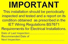 oub4 Electrical Safety Periodic Inspection Test Labels Electrical Safety BS7671 | 76 mm x 51 mm | Semi Gloss self-Adhesive Labels | Permanent Adhesive (50 Labels), Yellow (PTL2022)