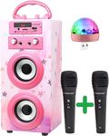 DYNASONIC Karaoke Machine with 2 Microphones, Portable Bluetooth Speaker with Lights, USB and SD Reader, Gift for Children Ages 5-13 (Model 15 lights)