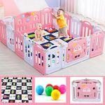 Careopeta 16 Panel Playpen for Babies Kids Play Yard with Mat and Balls Gate Playard for Baby Play Area Indoor Setup,Kid Toddlers Playpen Baby Upto 4 Yrs (6 * 5 ft = 30 sqft, White & Pink) (PINK, 16 PANEL)