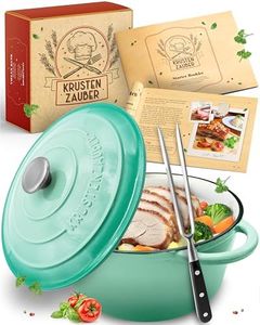 KRUSTENZAUBER Gusseisen Topf [inkl. Fleischgabel] - Hochwertiger 24cm Schmortopf backofengeeignet - Idealer Bräter mit Deckel Backofengeeignet, Kochtopf Induktion, Emaille Topf, Bratentopf Cast Iron