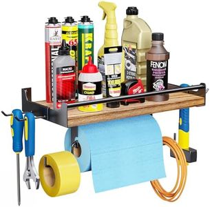 SINGBLA Garage Paper Towel Holder Wall Mount, Wooden Paper Towel Holder with Shelf for Kitchen Garage Quick Clean Station, Garage Organization and Storage with 4 Detachable Hooks