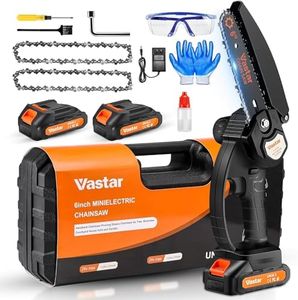 Vastar 6 Zoll Mini Akku Kettensäge, Einhand Elektrisch, Elektro Astsäge Motorsäge mit 2 * 24V 2000mAh Akku und 2 Ketten, Spritzwassergeschützte Brille, Rutschfeste Sicherheitshandschuhe