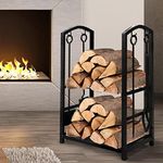 Traderight Firewood Storage Rack, Metal Fireplace Rack, 2-Tier Small Indoor Outdoor 4 Fireplace Tool Hooks Log Wood Holder Steel Large Holder Storage Raised Base, For Garden,Beside Fire Pits