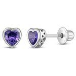 925 Sterling Silver 5mm Simulated Amethyst Birthstone Heart Screw Back Earrings for Toddlers & Little Girls - Heart Screw Back Earrings for Children - Purple CZ Heart Earrings for February Birthday