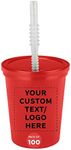 Custom Plastic Cups with Lid and Straw 16 oz. Set of 100, Personalized Bulk Pack - Perfect for Summer, Sporting Events, Birthdays, Weddings, Picnic, Beach, Parties - Red