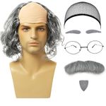 UILYNIU 7 Pcs Bald Wig Set Men's Fancy Dress Wig Grandpa Wig Bald Men Wig with Fake Beard Eyebrows Wig Cap Glasses Grandpa Costume Accessories for Party Night Show Cosplay Halloween (Grey-Curly)