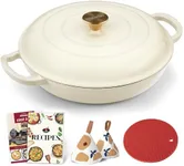 Overmont Enameled Cast Iron Dutch Oven - 3.8 Quart Dutch Oven Pot with Lid - Shallow Cookware Braising Pan - Cast iron Casserole with Cookbook & Heat-resistant Caps - Oven Safe up to 500° F