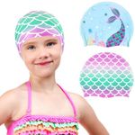 2 Packs Kids Swimming Cap Girls Silicone Swim Caps Kids Bathing Caps Teens Cartoon Swimming Hat (Blue and Purple Mermaid)