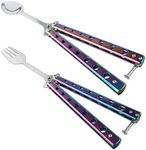 2 PCs Butterfly Fork and Spoon Set, Stainless Tactical Butterfly Spoon Forks,Folding Camping Fork with Butterfly Metal Training Tool for Hiking BBQ Picnic Camping Hunting Kitchen (Color)