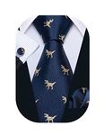 Barry.Wang Design Royal Blue Dinosaur Gold Man Tie Set Cufflinks Handkerchief Pocket Square Party