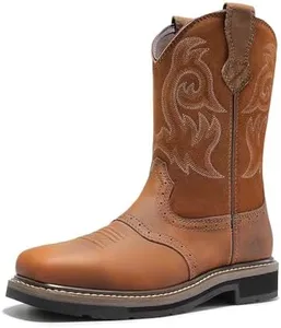 NORTIV 8 Steel Toe Cowboy Boots for Men Western Square Toe Leather Work Boots with Hazard Protection,for Construction Farming Bronco Trailblazer, Size 12,LIGHT BROWN,SNIC2432M