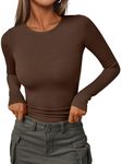 AUTOMET Womens Ribbed Shirts CrewNeck Fitted Tops Casual Underscrubs Layer Slim Basic T-shirts, Brown, X-Large