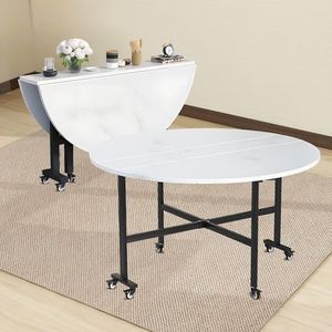 Quvex Drop Leaf Dining Table, 59" Round Folding Kitchen Table for 9-11 People, Wooden Collapsible Dinner Tables with 6 Wheels, Mobile and Stable, Space Saving, for Living Room, Farmhouse