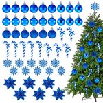 Harrycle 50 Pcs Christmas Tree Decorations Christmas Baubles Small Ball Ornaments Artificial Glitter Snowflake Decorative Poinsettia Flowers Candy Cane for Xmas Tree Topper Outdoor Home (Blue)