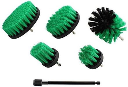 ABN 1/4in Drive Nylon Power Scrubber Drill Brush Attachment 5pc Set with 1pc Extension - Shower Cleaner, Spa Hot Tub Scrubber, Carpet Brush, Grout Cleaner for Home and Auto Car - Green Medium Bristle