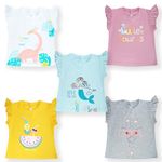 YUV Infant Baby Girls Cotton Printed Regular Fit Tshirts (Pack Of 5) - 9 To 12 Months, Blue, 9-12 Month