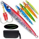 Gefischtter 5pcs Fishing Jigs Vertical Saltwater Jigs Metal Jigging Spoon Lure Slow Jigging Pitching Artificial Deep Sea Glow Lead Jigs with Assist Hooks for Tuna,Bass,Dogtooth,Grouper/80g