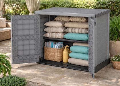 Duramax Cedargrain 1200L Plastic Garden Storage Shed – Grey, Flat Lid, Fits 2x 240L Bins, 145x85x125cm
