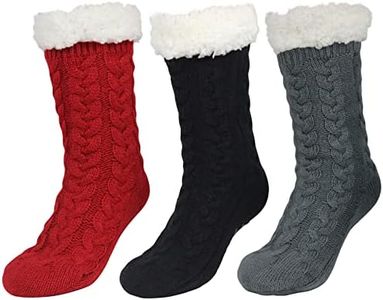 Sooneeya Slipper Socks for Women - Thick, Warm, Cozy, Soft, Fuzzy Non Skid House Slipper Socks - Gripper - Christmas Gifts - Black, Red, Grey - 3 Pairs