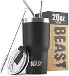 Beast Tumbler - 550 ml (20 oz), Matte Black | Reusable Stainless Steel, Vacuum Insulated Cup | with + 2 Straws & Cleaning Brush | Double Wall Travel Flask Perfect for Hot or Iced Coffee | BPA Free