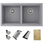 STYLISH 33 x 18 inch Workstation Drop in or Undermount Gray Granite Composite Double Bowl Kitchen Sink with Regular Strainers, Colander, Drying Rack and Cutting Board, S-833WL