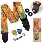 Van Gogh "Sunflowers" Guitar Strap for Bass Guitar, Electric Guitar & Acoustic Guitar Includes 2 Strap Locks & 2 Matching Van Gogh Picks Christmas GIft & Stocking Stuffer Adjustable Guitar Strap