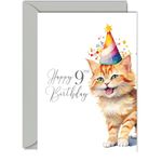 9th Birthday Cards for Boys Girls - Party Cat Kitten - Happy Birthday Card for 9 Year Old Boy Girl Grandson Granddaughter Son Daughter Nephew Niece, A5 Bday Greeting Cards