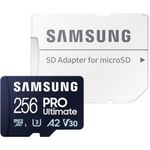 Samsung PRO Ultimate microSD memory card, 256 GB, UHS-I U3, 200 MB/s read, 130 MB/s write, Includes USB card reader, For smartphone, drone or action cam