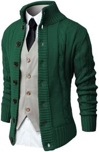 NITAGUT Mens Long Sleeve Stand Collar Cardigan Sweaters Button Down Cable Knitted Sweater，Grass Green，Large