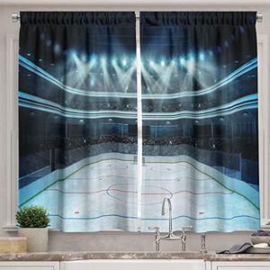 Ambesonne Hockey Kitchen Curtains, Photo of a Sports Arena Full of People Fans Audience Tournament Championship Match, Window Drapes 2 Panel Set for Kitchen Cafe Decor, 55" x 39", Dark Blue