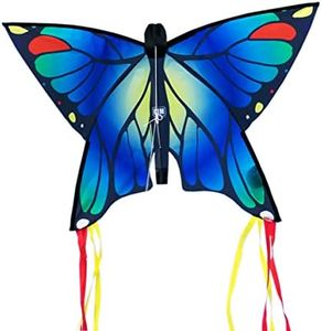 CIM Cometa de Mariposa - Butterfly Blue - Cometa de una Sola línea para niños Mayores de 3 años - 58 x 40 cm - Incl. 20 m Hilo de Cometa - con Tiras de 195 cm en la Cola de Arco