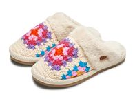 Funky Junque Slippers for Women Cozy Plush Faux Fur Fluffy Furry Closed Toe Slip-Ons Indoor Outdoor Home Kitchen Bedroom, Crochet - Beige, 8-10