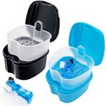 2 Pack Denture Cleaning Case Retainer Cup with Brush, Denture Holder False Teeth Container Retainer Bath Case Mouthguard Cleaning Case - Black and Blue