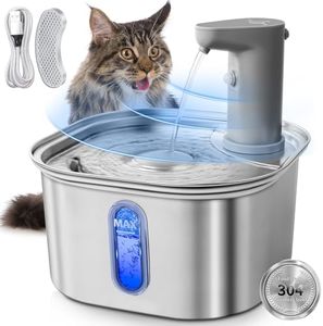 Automatic Stainless Steel Cat Water Fountain with Motion Sensor and Battery Operated, Wireless Ultra Quiet 3.2L Pet Water Fountain for Cats Dogs