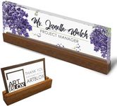 Artblox Personalized Office Desk Name Plate and Business Card Holder | Clear Acrylic Glass with Teak Wood Stand | Lavender Flowers Design Customized with Your Name and Credentials Office Desk Décor