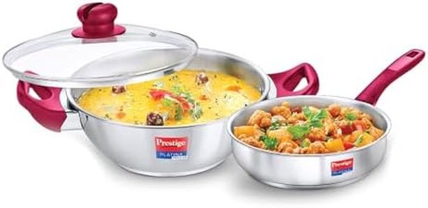 Prestige Stainless Steel 2 Pc Cookware Set with Glass Lid | Platina Popular | Fry Pan 24cm (2.25 L) | Kadai 24cm (2.8 L) | TRIPLY Base | Gas & Induction Compatible | Even Heating | 5Y Warranty | ISI