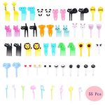 55 Pcs Plastic Fruit Fork with Animal Decor, Cute Food Picks for Cake Dessert Fruit-Platter, Reusable Mini Toothpick Bento Box Party Supply Lunch Accessories (Random Style)