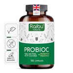 Raibu Probiotics for Gut Health - Probiotics & Prebiotics - 25 Bacterial Cultures - 180 Probiotic Complex Capsules - 60 Billion CFU - Lactobacillus Acidophilus & Bifidobacterium - No additives & Vegan