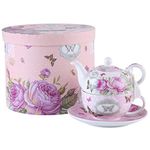 London Boutique Tea for One Teapot Cup Saucer Set Gifts for Women Tea Set for 1 Vintage Flora Rose Porcelain Gift for Her (Pink Butterfly Rose)