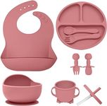 Silicone Baby Feeding Set,8 Piece Food Grade BPA Free Essentials for Toddler Kids Includes Divided Suction Plate, Suction Bowl, Adjustable Bib, Toddlers Spoon and Fork, Cup with Straw (Pink)