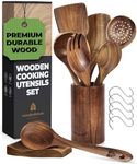 Wooden Spoons for Cooking – Wooden Utensils for Cooking Set with Holder, Spoon Rest & Hanging Hooks, Teak Wood Nonstick Kitchen Cookware – Durable Set of 8pcs by Woodenhouse