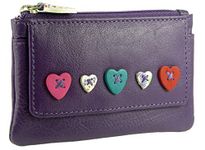 Ladies Small Leather Coin, Key and Card Purse with Heart Design (Purple)