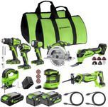 GREENWORKS 24V (8-TOOL) Combo (Drill, Impact Driver, Circular Saw, Reciprocating Saw, Jigsaw, Multi-Tool, Sander, Flashlight), 4.0Ah + (2) 2.0Ah (Power Bank) Batteries, (2) Cables, 65W Rapid Charger