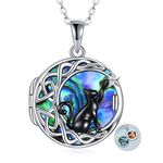 SHEAISRS Black Cat Locket Necklace with Abalone Shell Celtic Moon Cat Necklace for Women Sterling Silver Cat Jewelry Hold Photo Cat Gifts for Cat Lovers